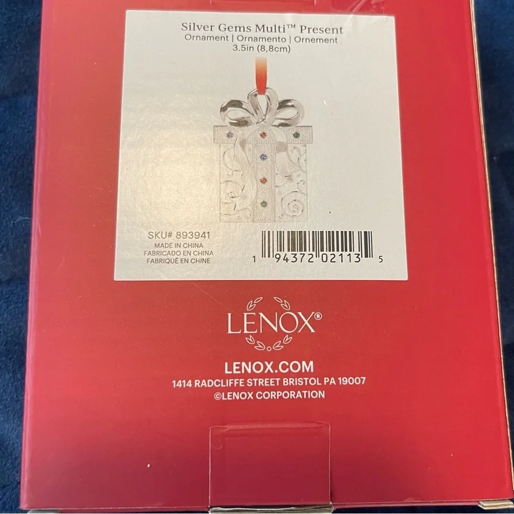 Lenox Silver Plated Ornament with Red Ribbon and 6 Colorful Gems NIB